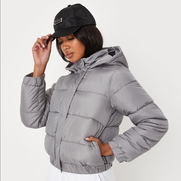 Missguided Grey Hooded Puffer Jacket - Picture 1 of 12